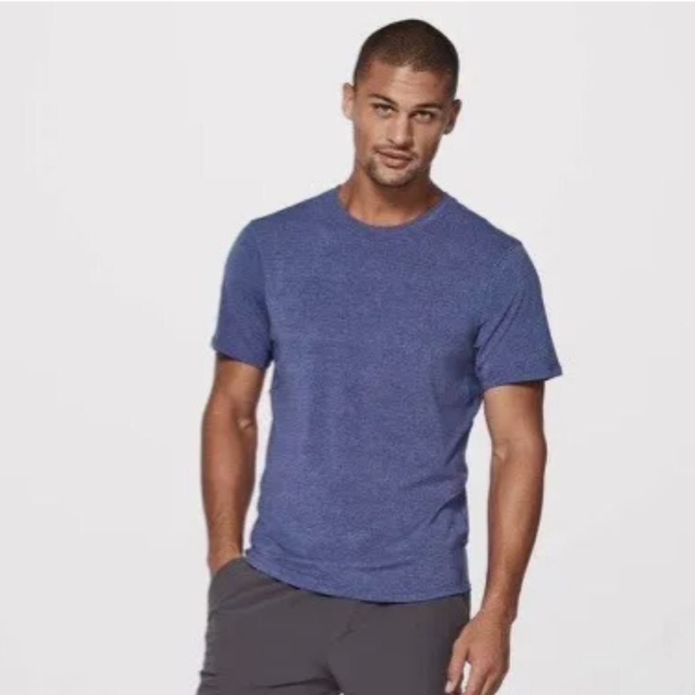 Lululemon Mens In Mind Short Sleeve Shirt Heathered Hero Blue Anchor Loop Waist